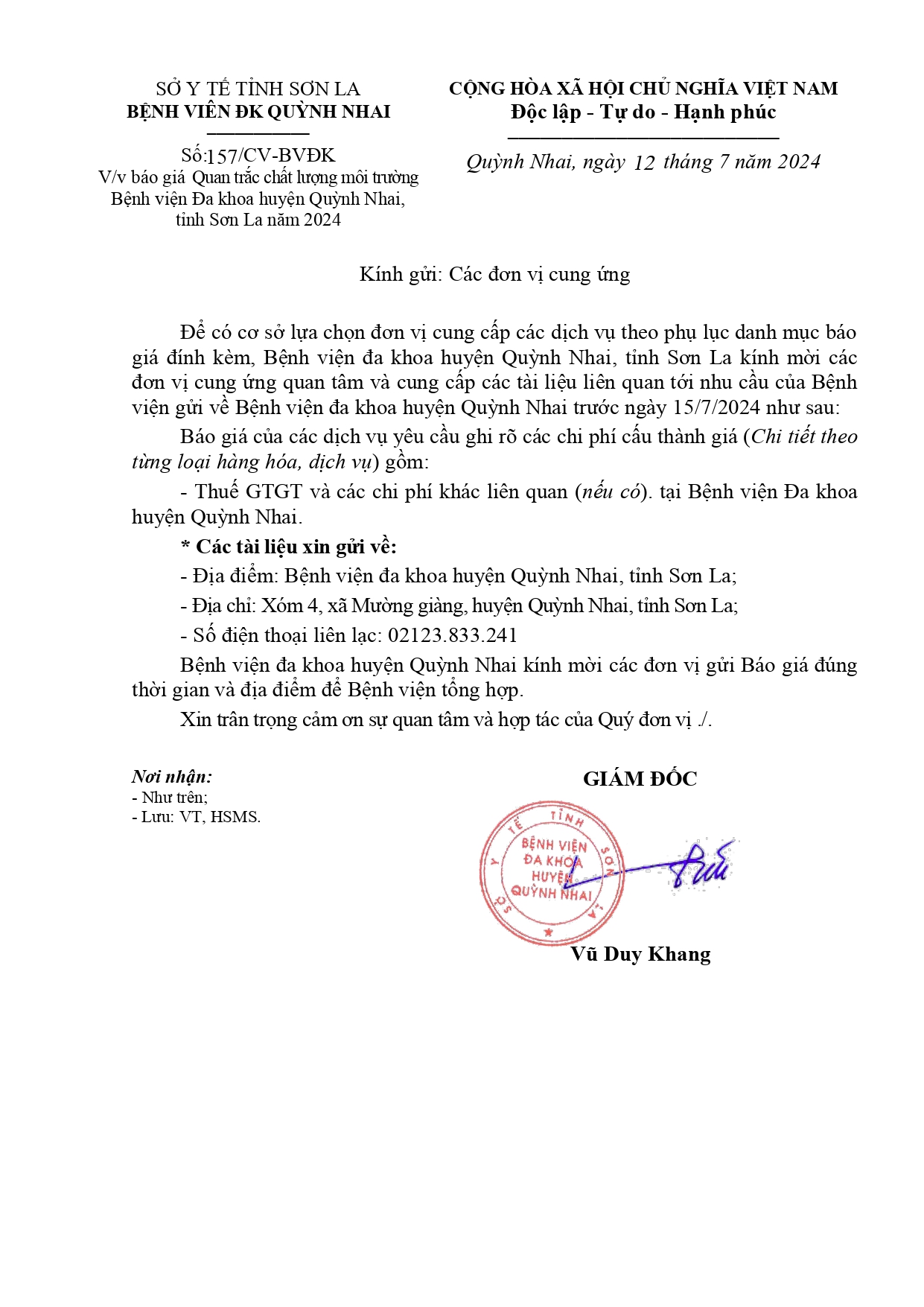 Báo giá quan trắc hất lượng mô trường bệnh iện đa khoa huyện quỳnh Nhai
