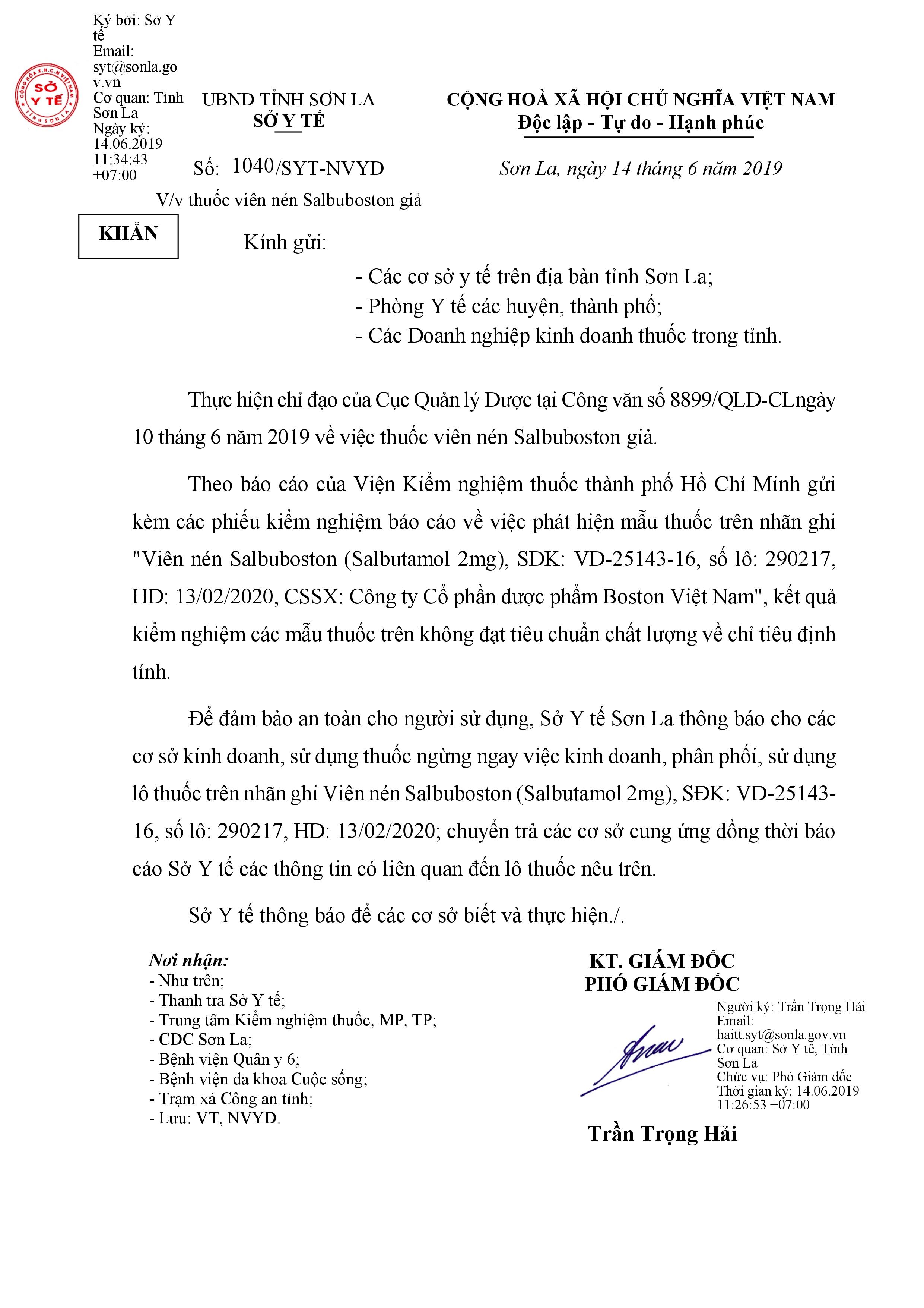 Ngưng sử dụng lô thuốc trên nhãn ghi Viên nén Salbuboston (Salbutamol 2mg).
