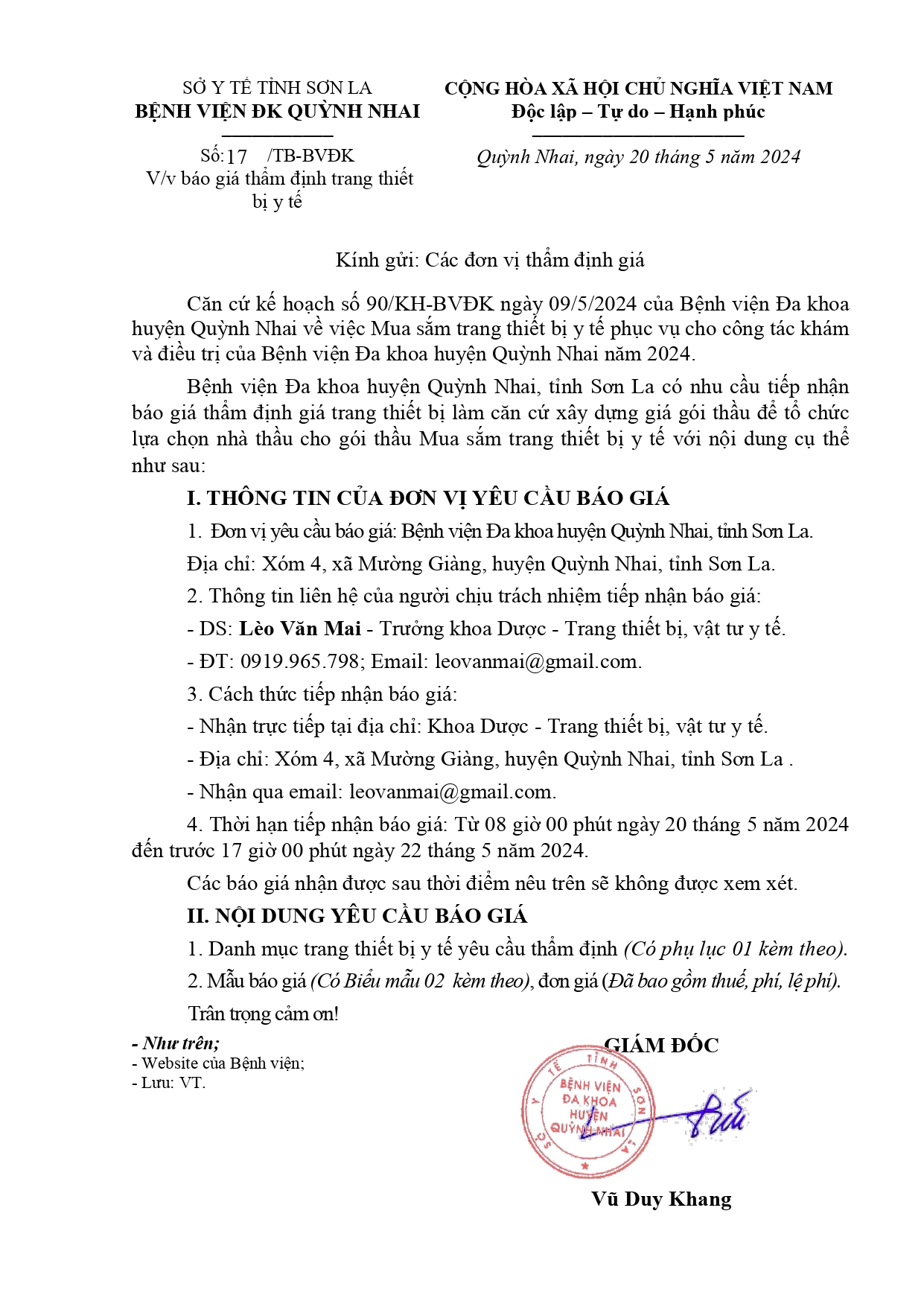 Thông báo giá thẩm đinhtrang thiết bị Y tế