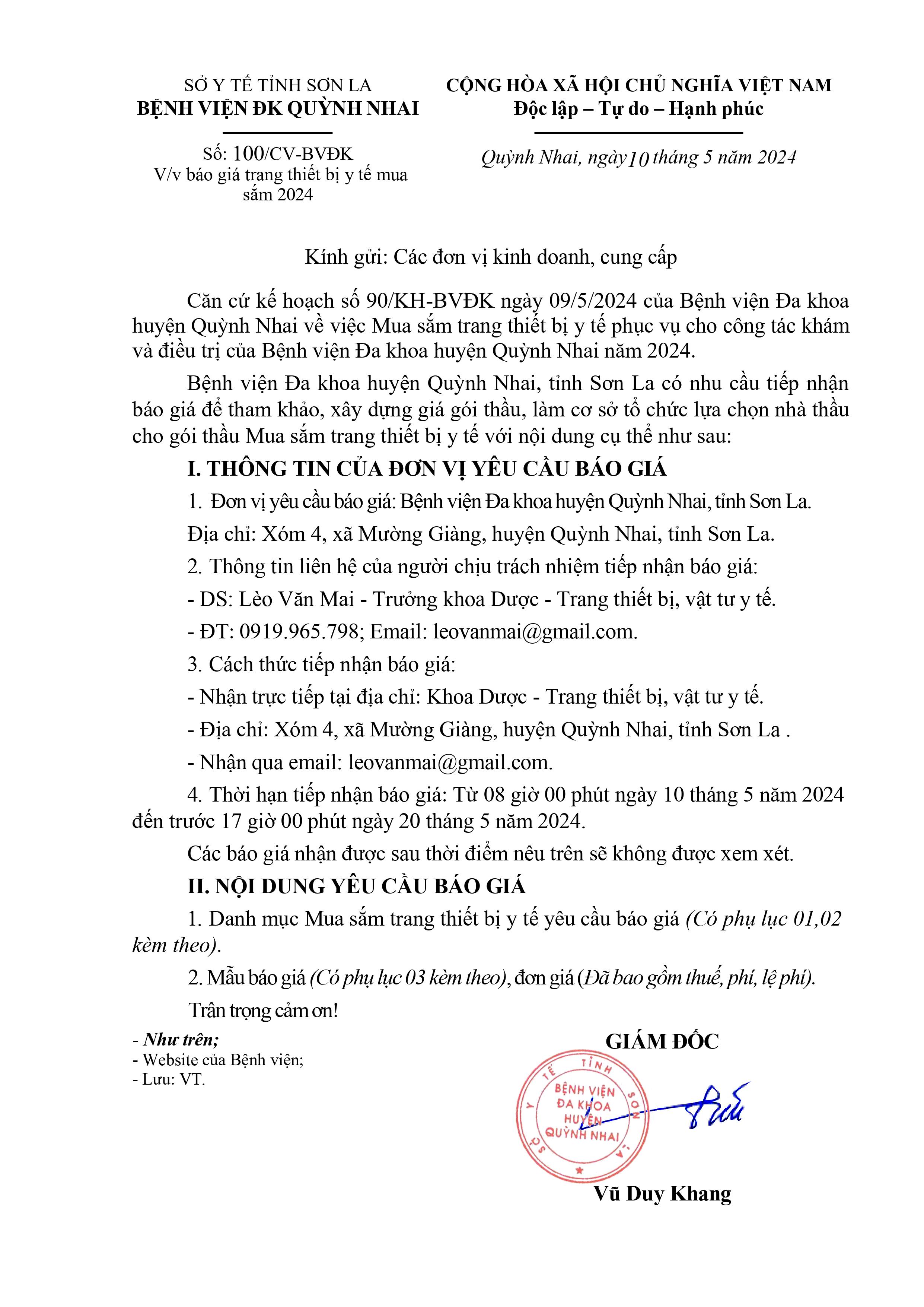 Báo giá trang thiết bị mua sắm