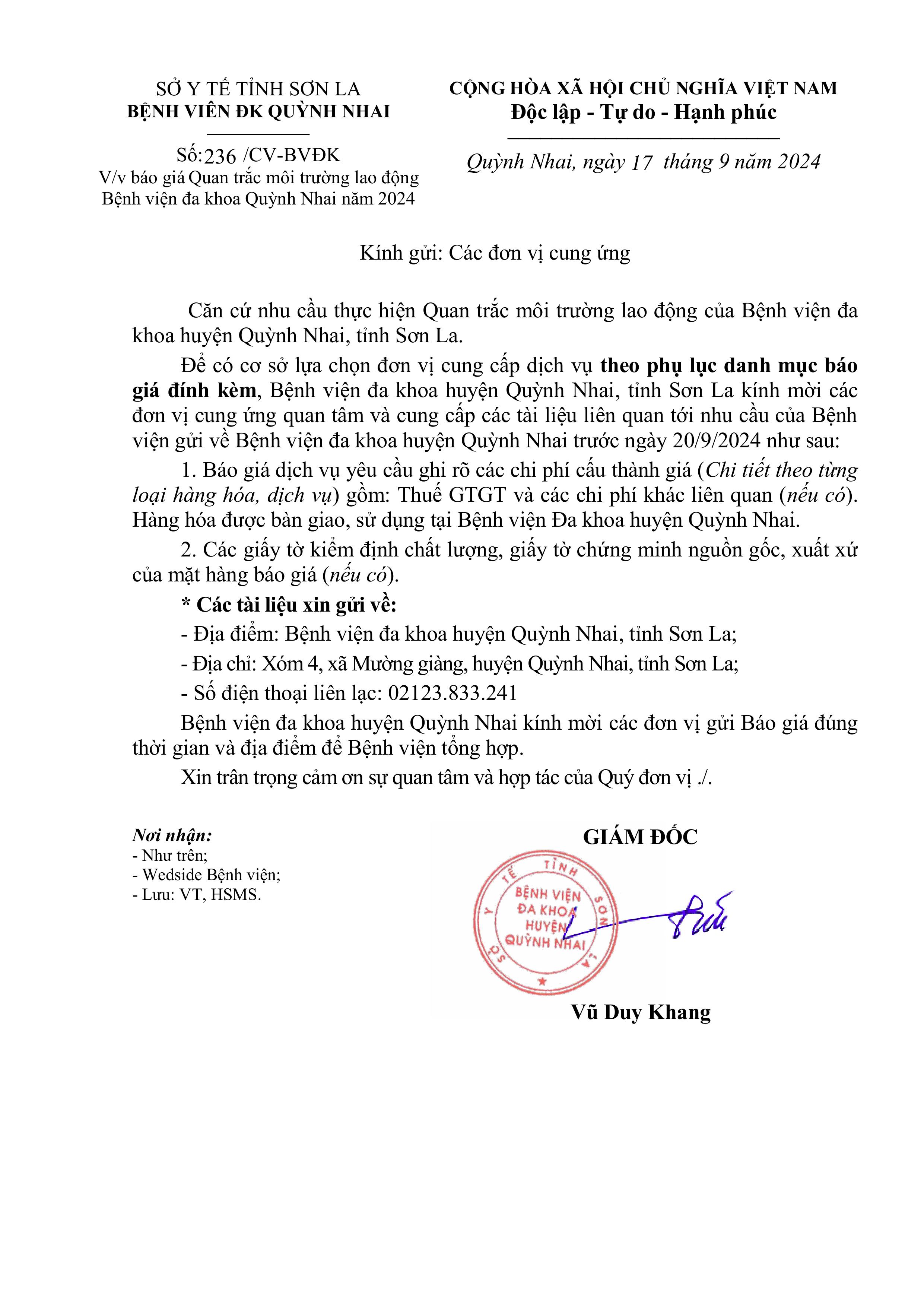 Thông báo giá quan trắc moi trường lao động bệnh viên đa khoa quỳnh nhai năm 2024