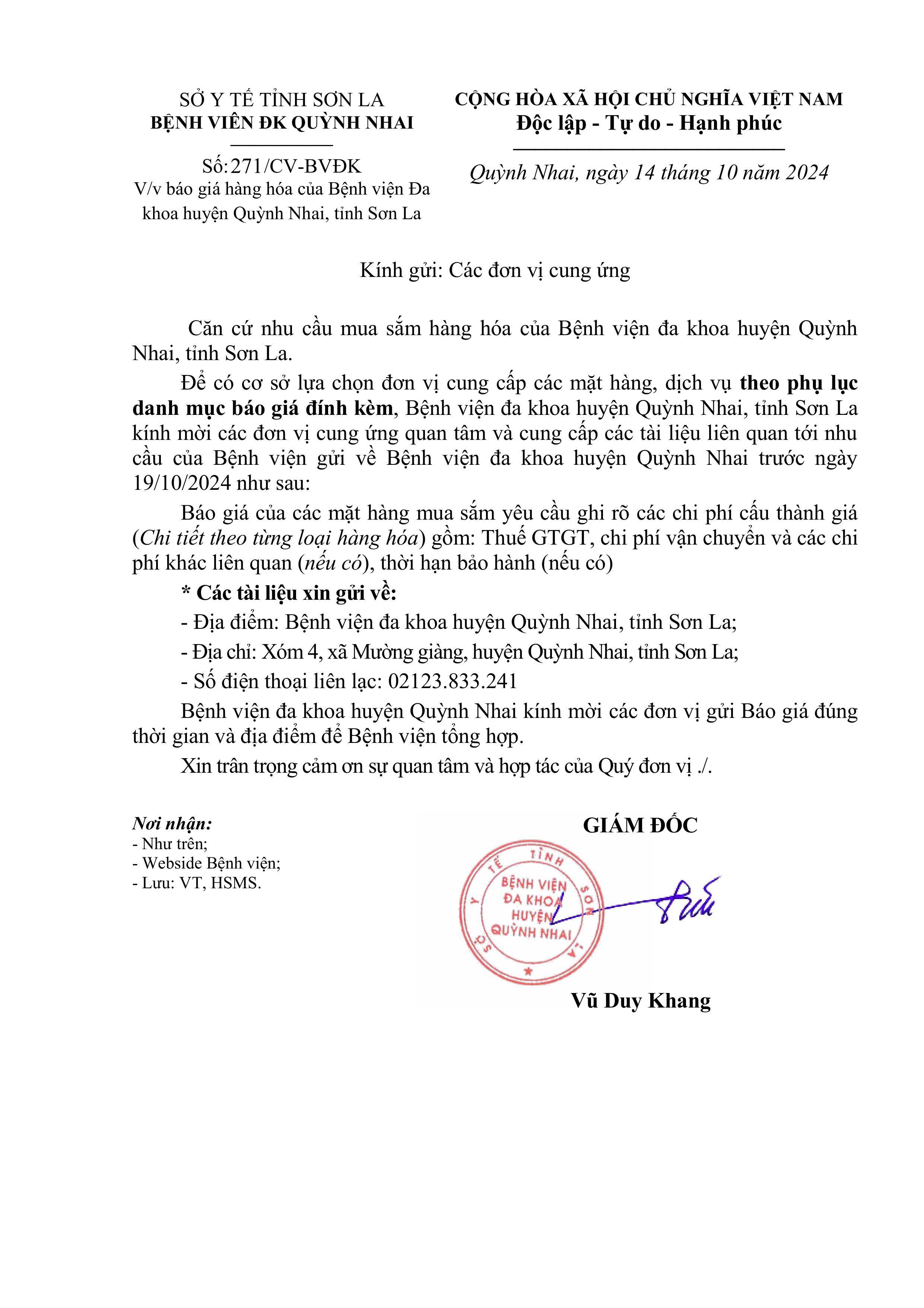 Báo giá hàng hóa của bệnh viên đa kho huyện Quỳnh Nhai