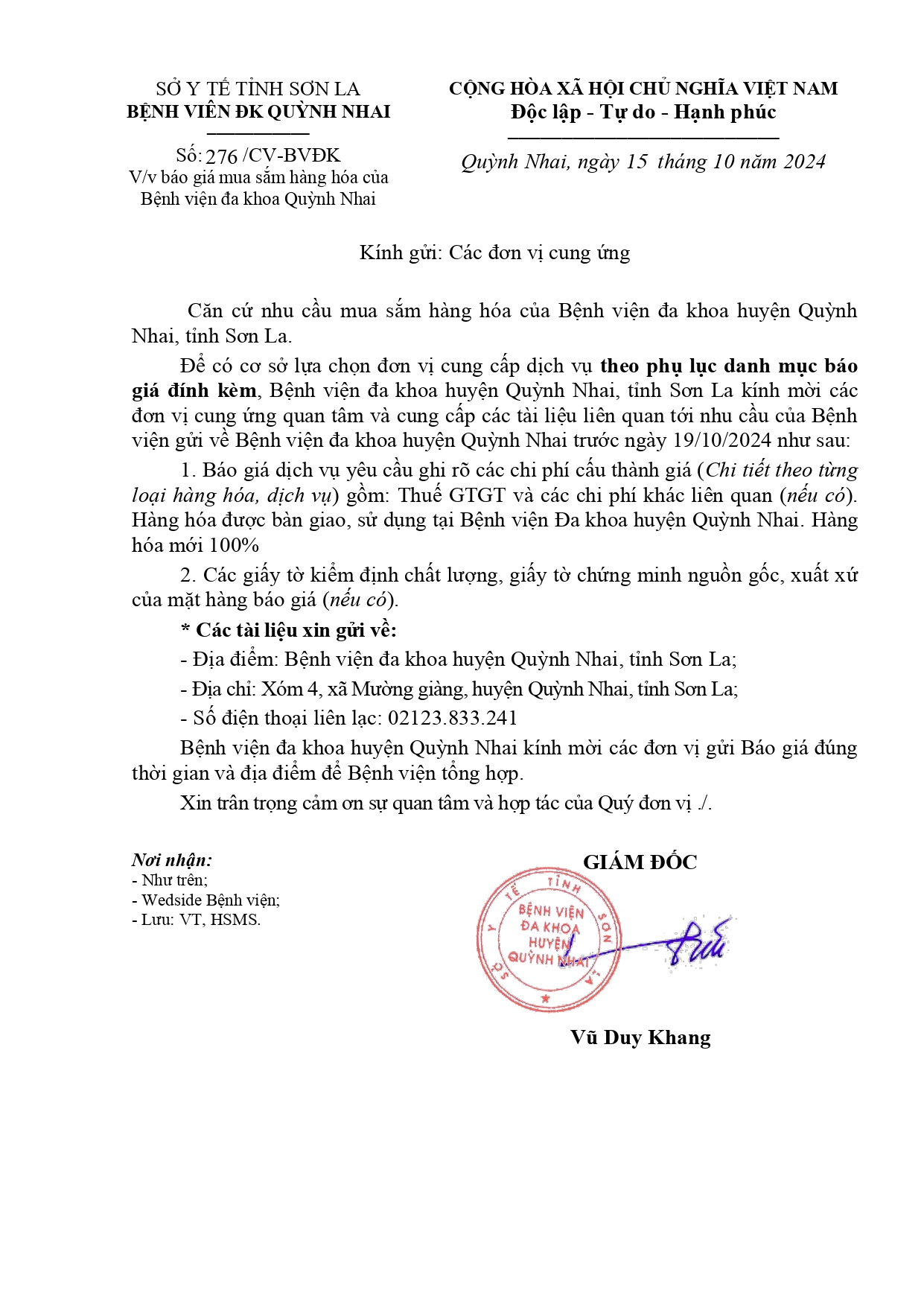 Báo giá mua sắm hàng hóa của bênh viên đa Khoa Quỳnh Nhai