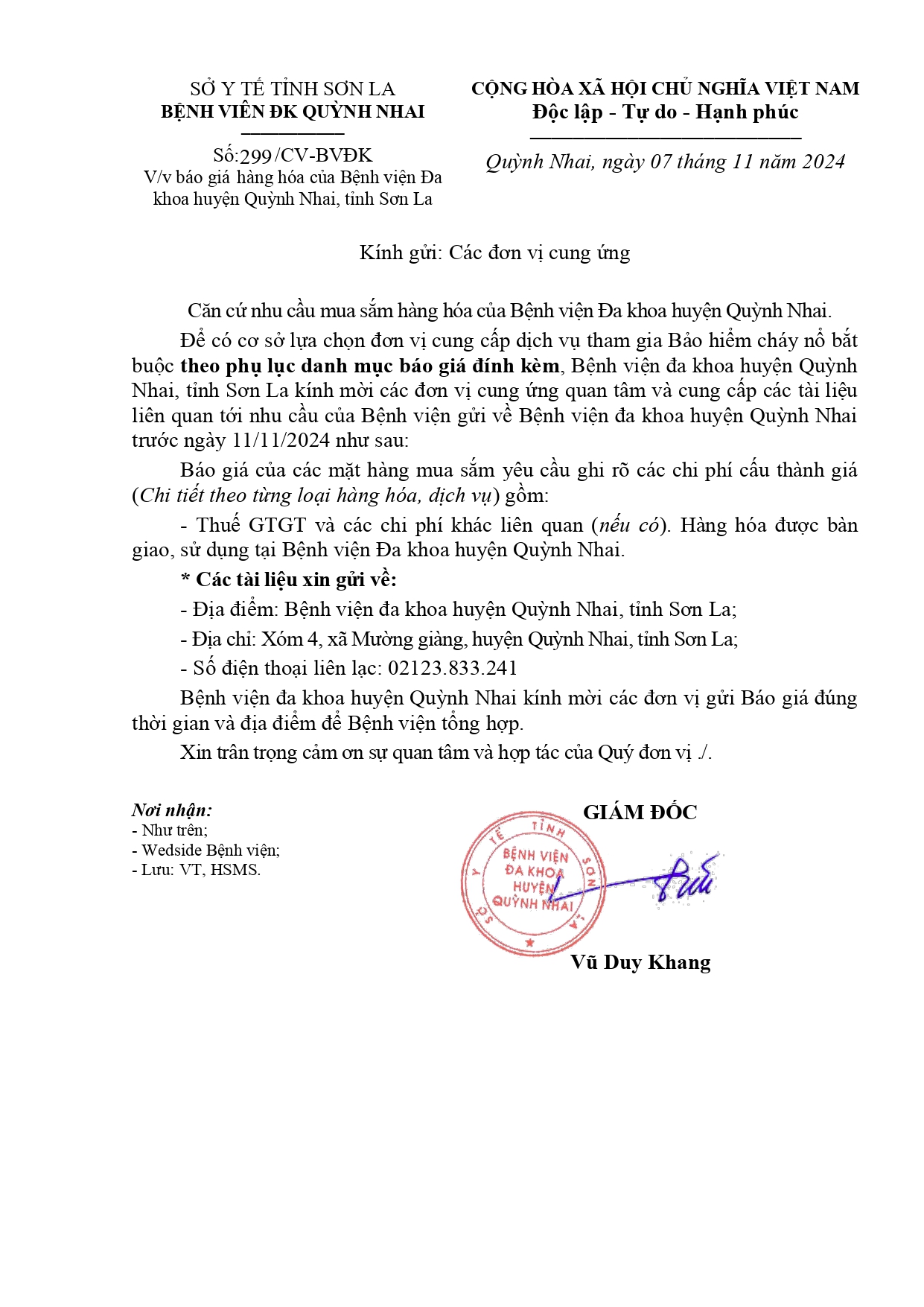 Báo giá hàng hóa của bệnh viện đa khoa huyện Quỳnh nhai