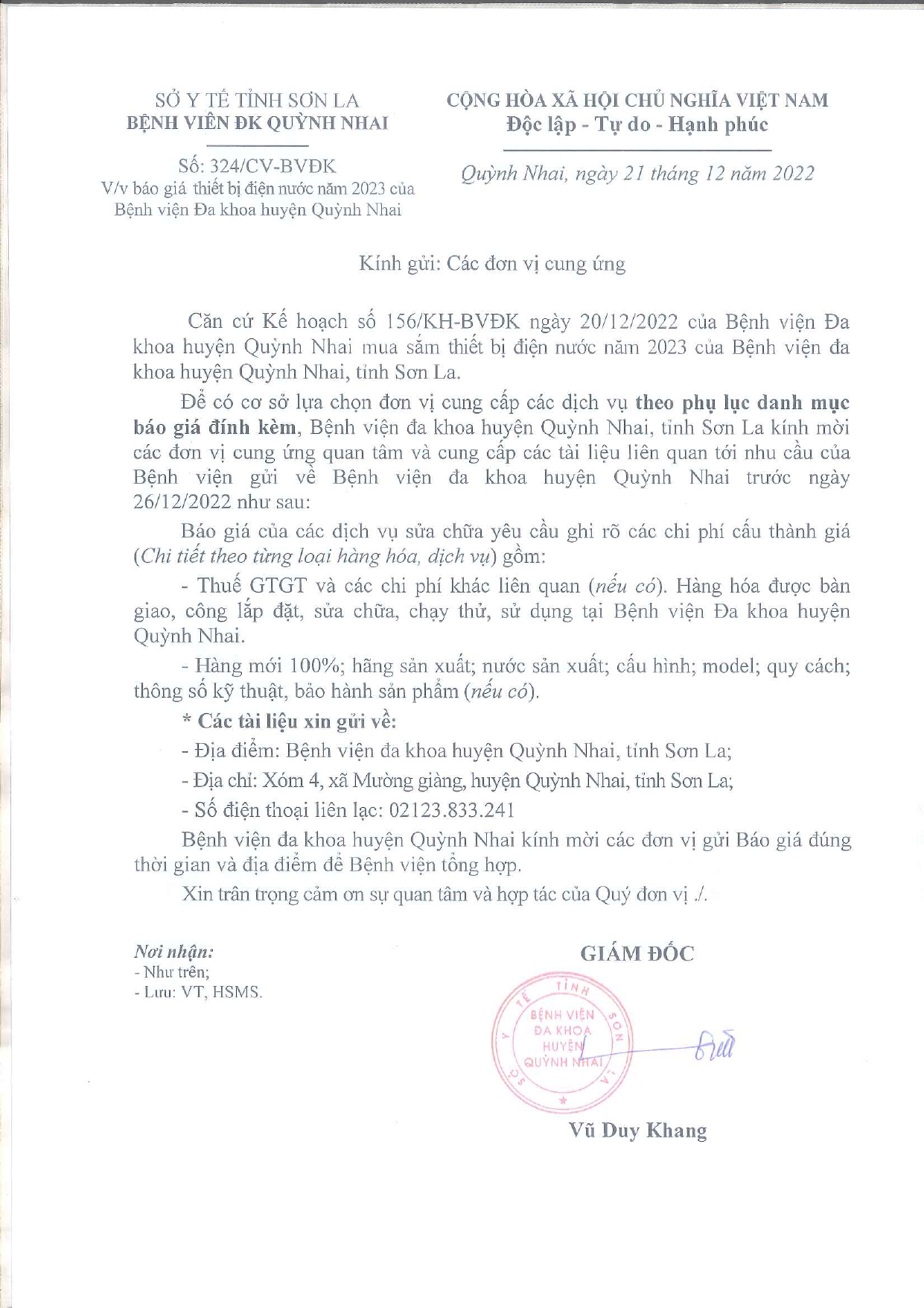 Thông báo giá thiết bị nước năm 2023 của bệnh viện đa khoa huyện Quỳnh Nhai