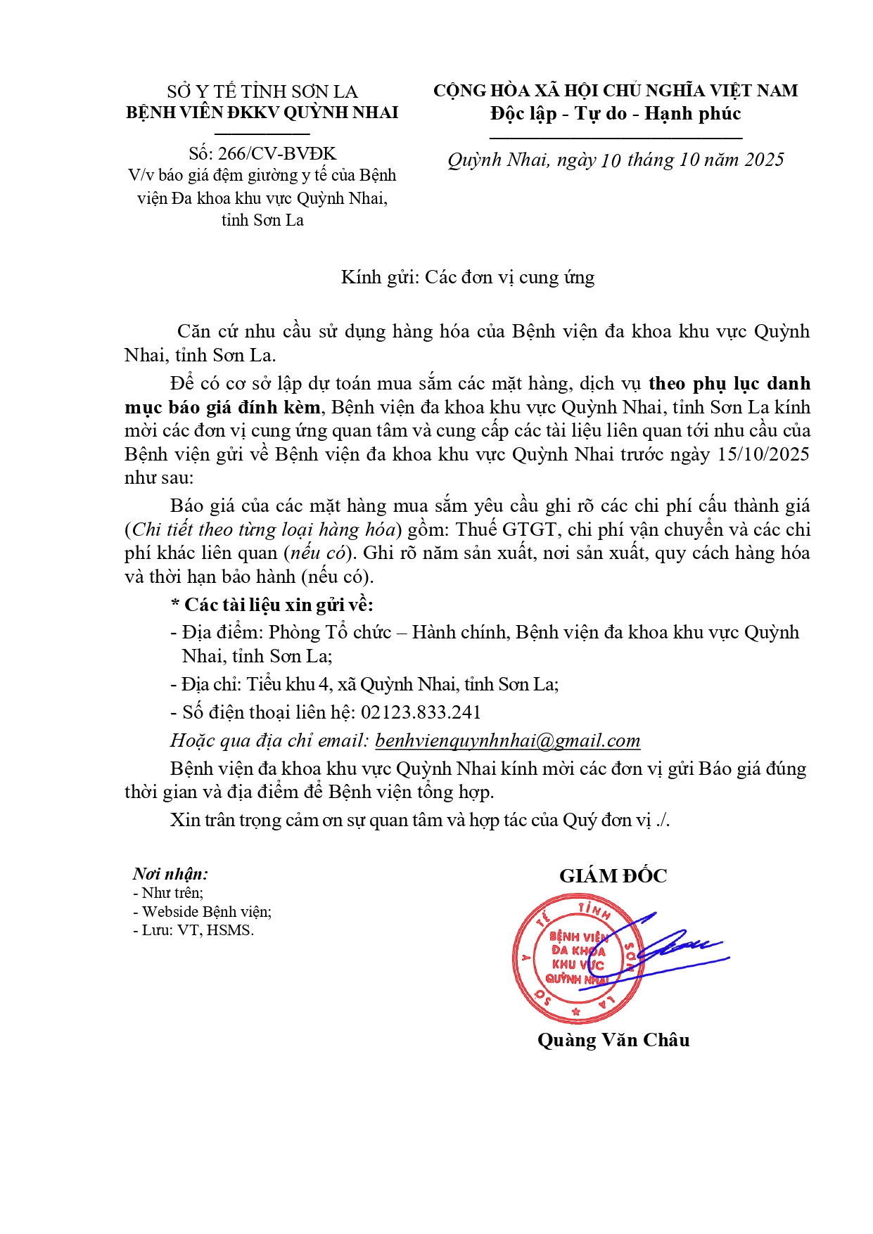 Báo giá đệm giường y tế của Bệnh viện Đa khoa khu vực Quỳnh Nhai, tỉnh Sơn La