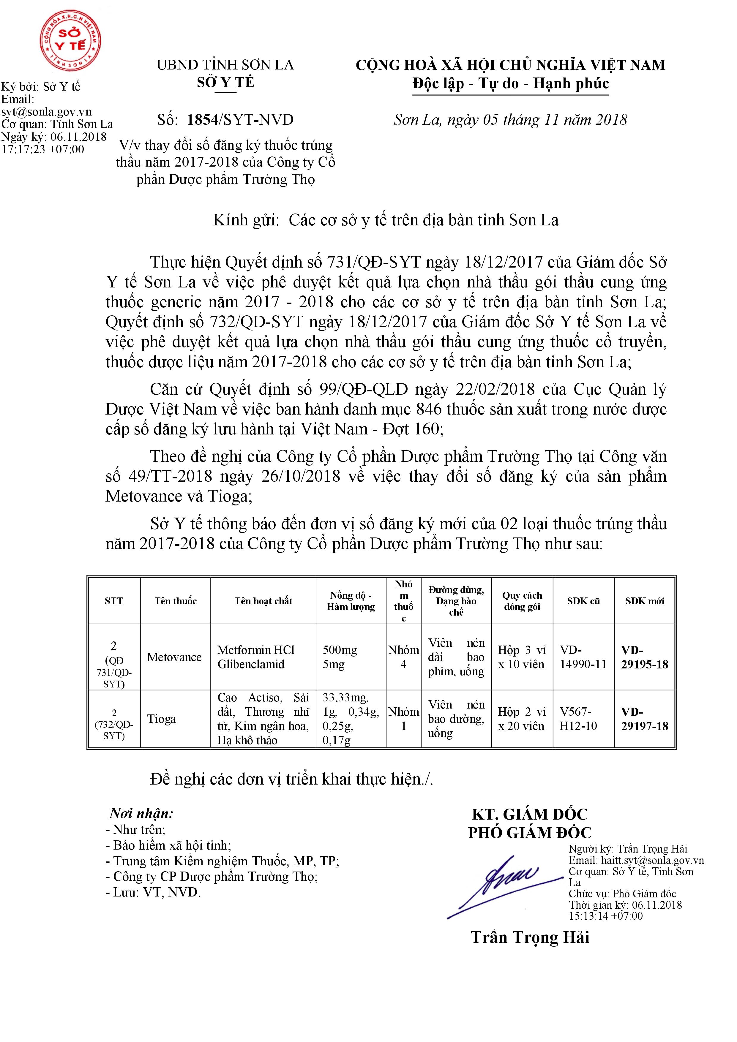 Thay đổi số đăng ký thuốc trúng thầu năm 2017-2018 của Công ty Cổ phần dược phẩm Trường thọ