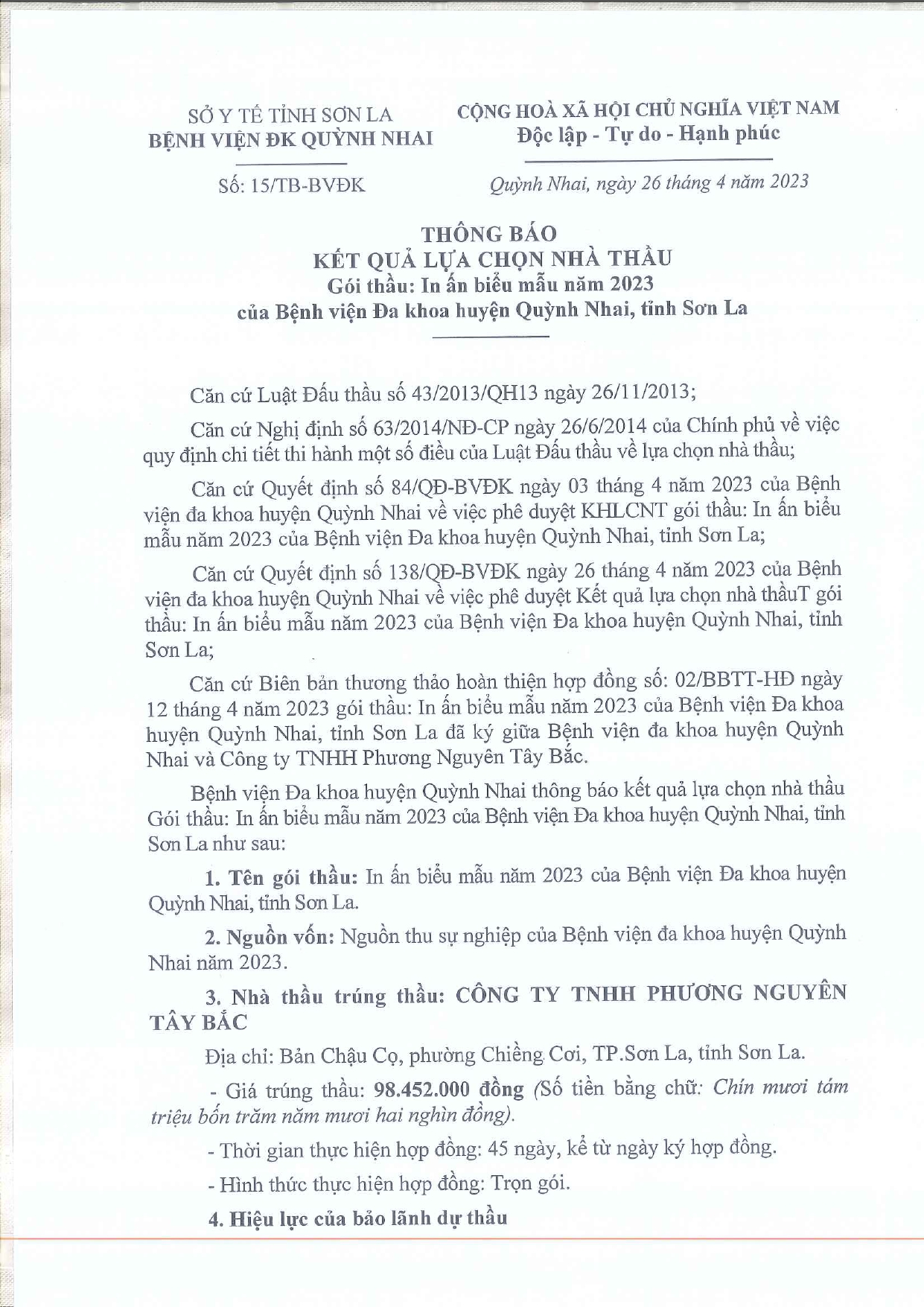 Kết quả lụa chon nhà thầu