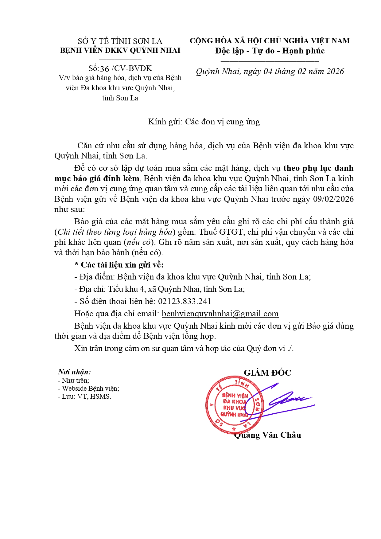 Báo giá hàng hóa của Bệnh viện Đa khoa khu vực Quỳnh Nhai(Biển báo. in ấn)