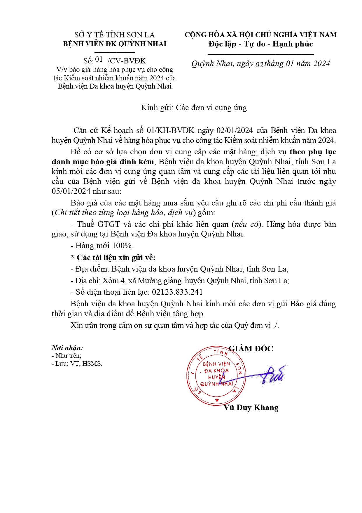 Báo giá hàng hóa phục vụ cho công tác Kiểm soát nhiễm khuẩn năm 2024 của Bệnh viện Đa khoa huyện Quỳnh Nhai