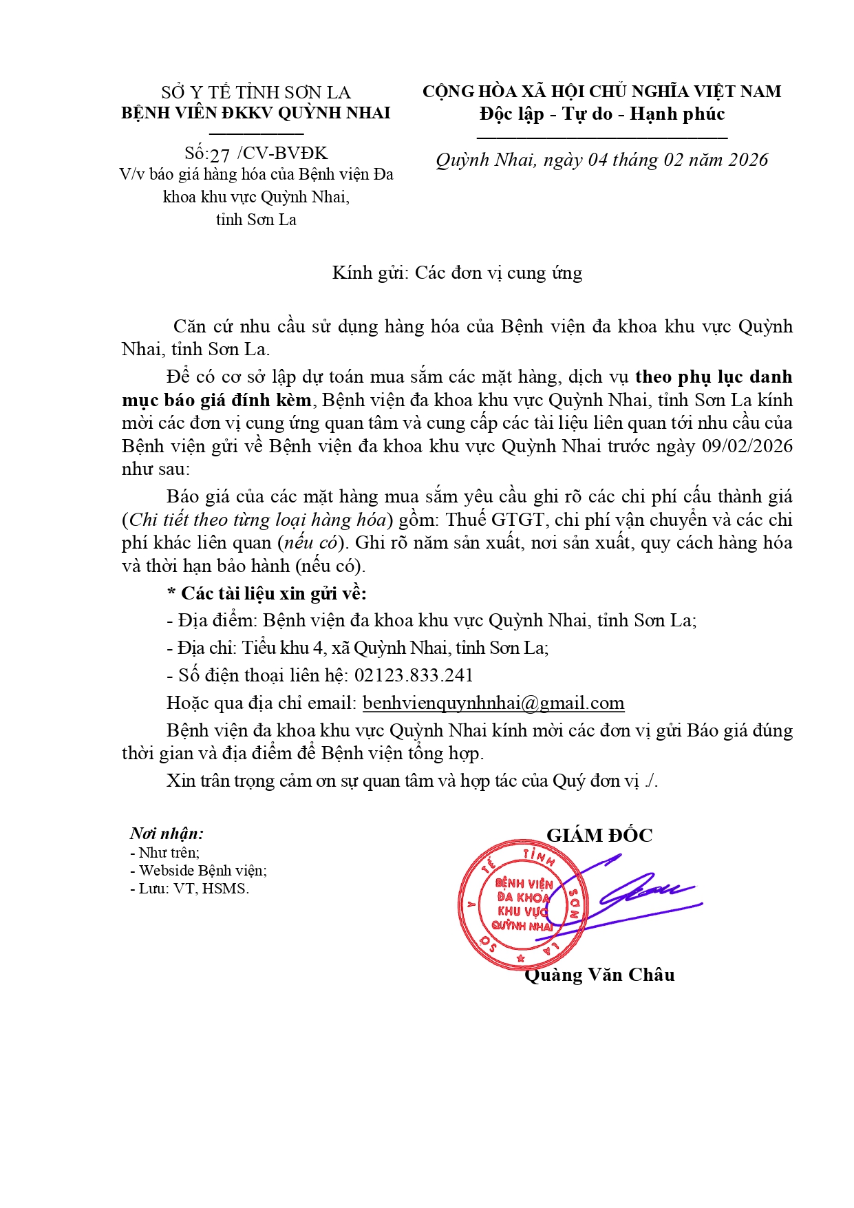 Báo giá hàng hóa của Bệnh viện Đa khoa khu vực Quỳnh Nhai (Đèn. điện quạt)