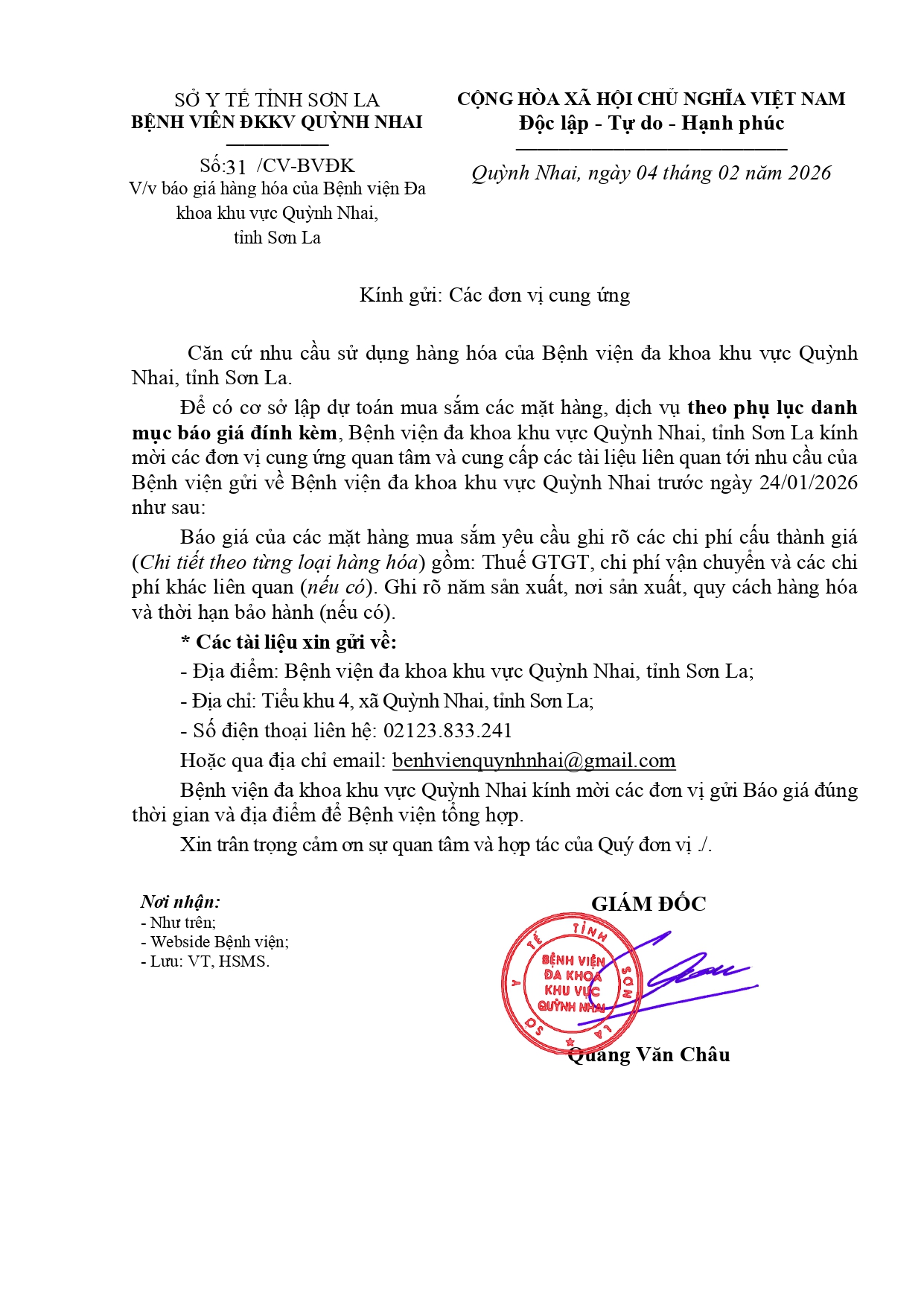 Báo giá hàng hóa của Bệnh viện Đa khoa khu vực Quỳnh Nhai( Sửa chữa khoa Dược. Sân pickleball)