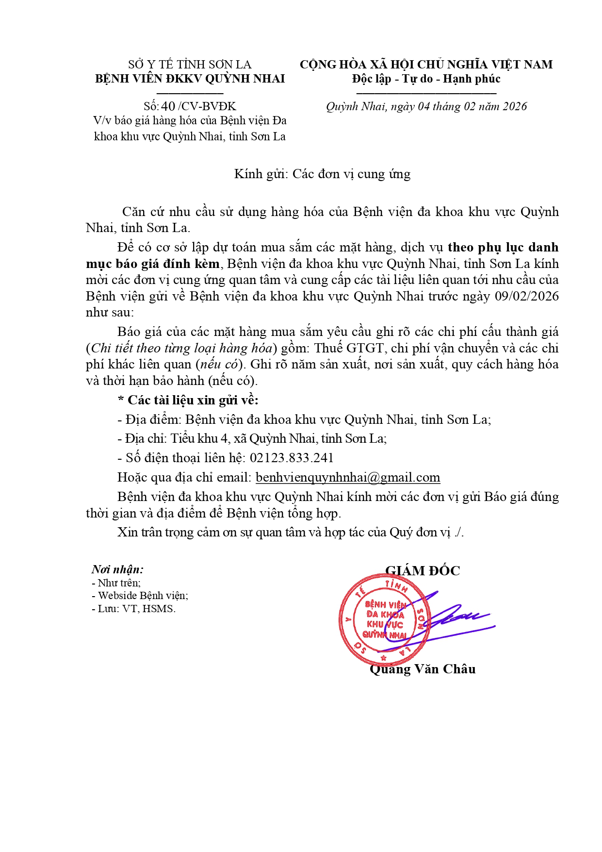 Báo giá hàng hóa của Bệnh viện Đa khoa khu vực Quỳnh Nhai(Điều hòa)