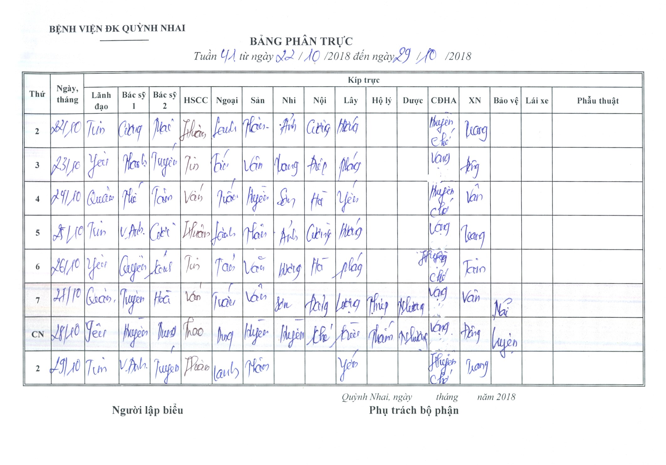Lịch trưc tuần 41. Từ 22/10/2018 đến ngày 29/10/2018