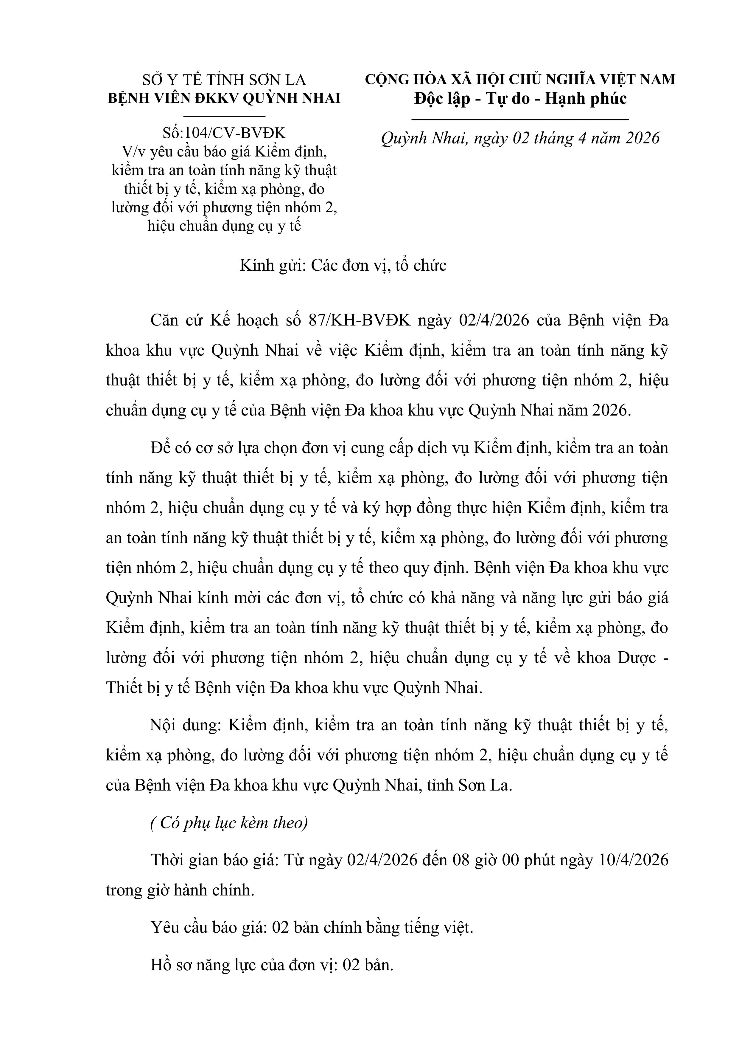 yêu cầu báo giá Kiểm định, kiểm tra an toàn tính năng kỹ thuật thiết bị y tế, kiểm xạ phòng, đo lường đối với phương tiện nhóm 2, hiệu chuẩn dụng cụ y tế