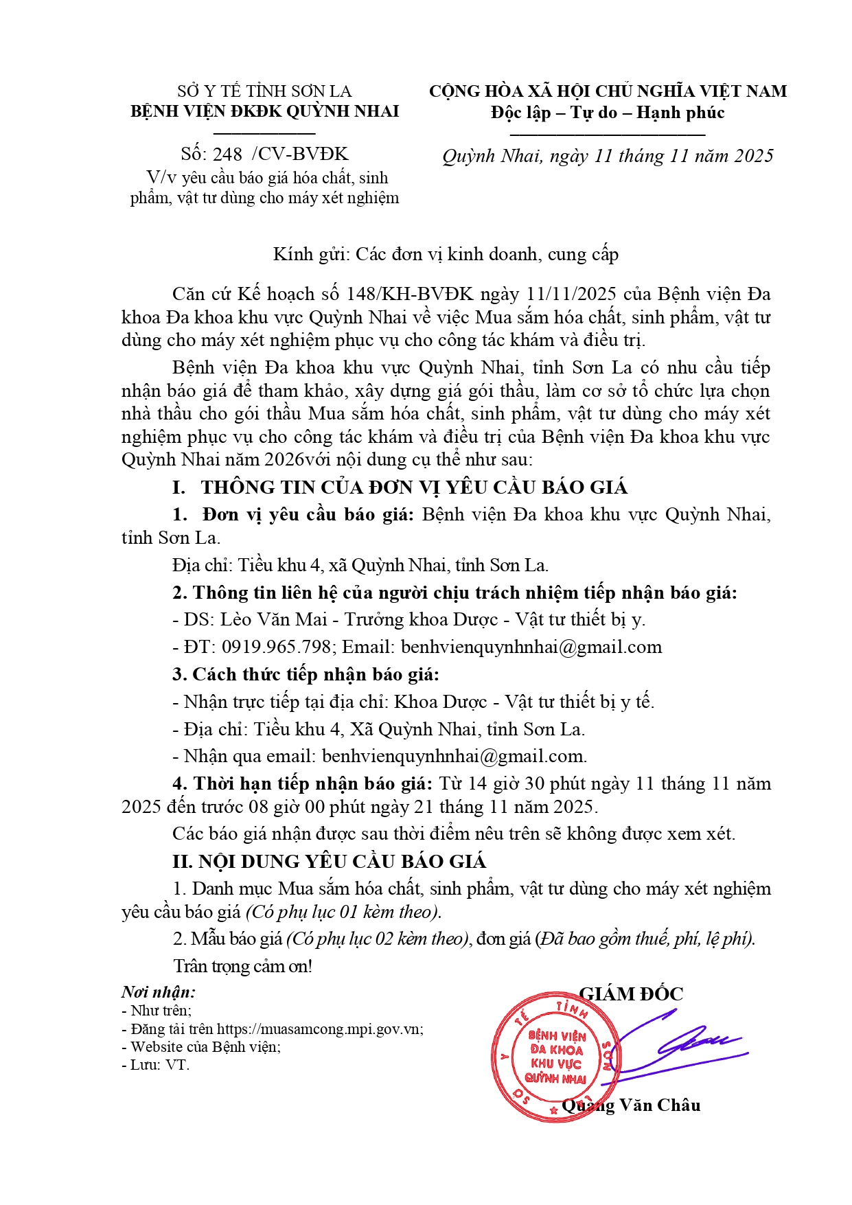 Công văn báo giá ( hóa chất, sinh  phẩm, vật tư dùng cho máy xét nghiệm )