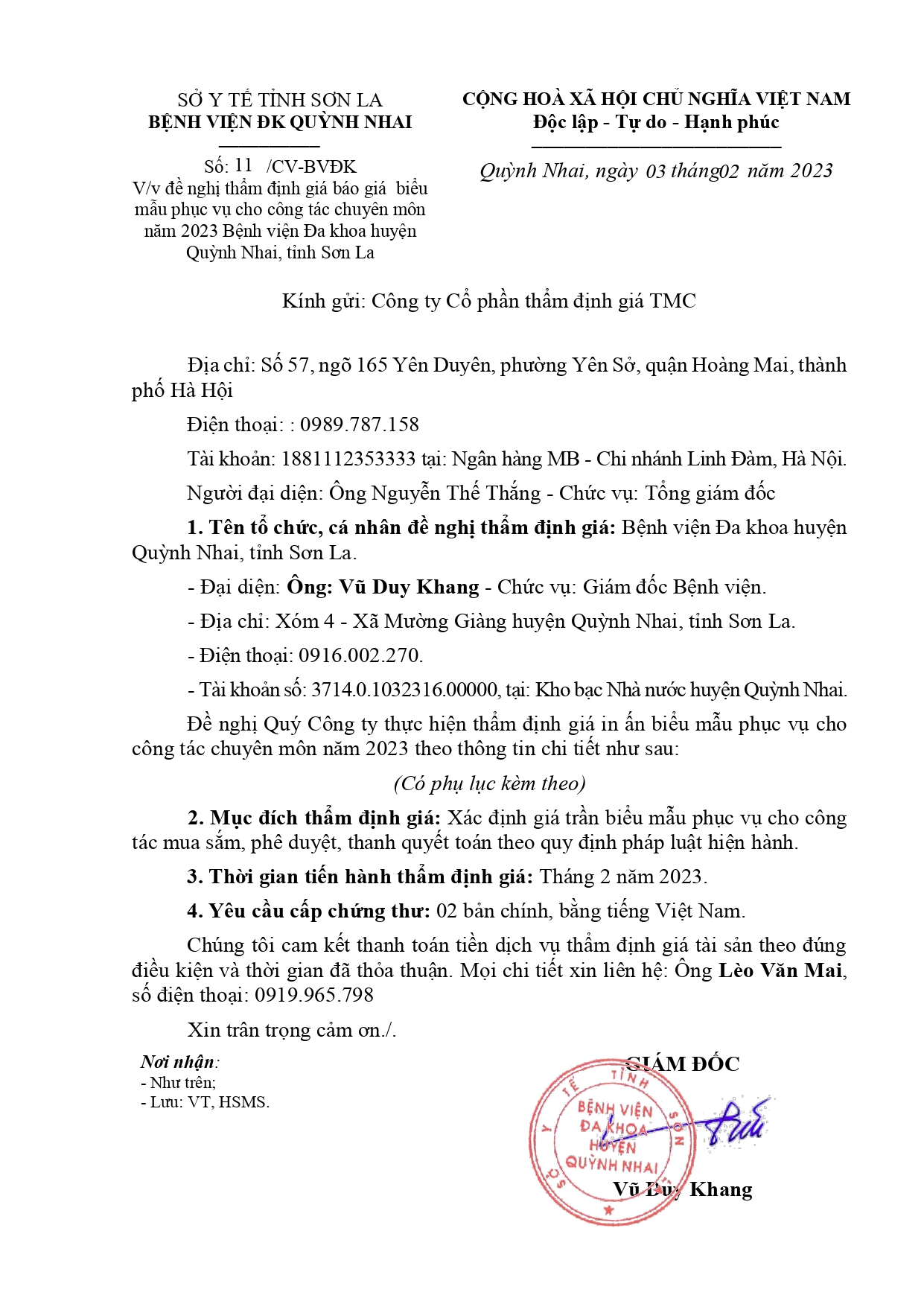 Đề nghị thẩm định giá báo giá biểu mẫu phục vụ cho công tác chuyên môn năm 2023 Bệnh viện Đa khoa huyện Quỳnh Nhai, tỉnh Sơn La