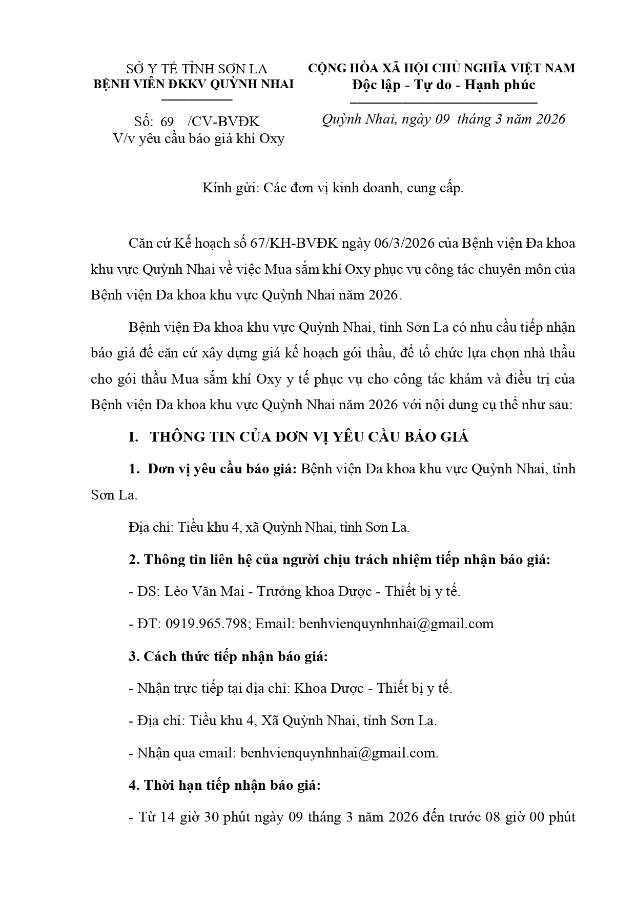 Công văn báo giá khí Oxy)  