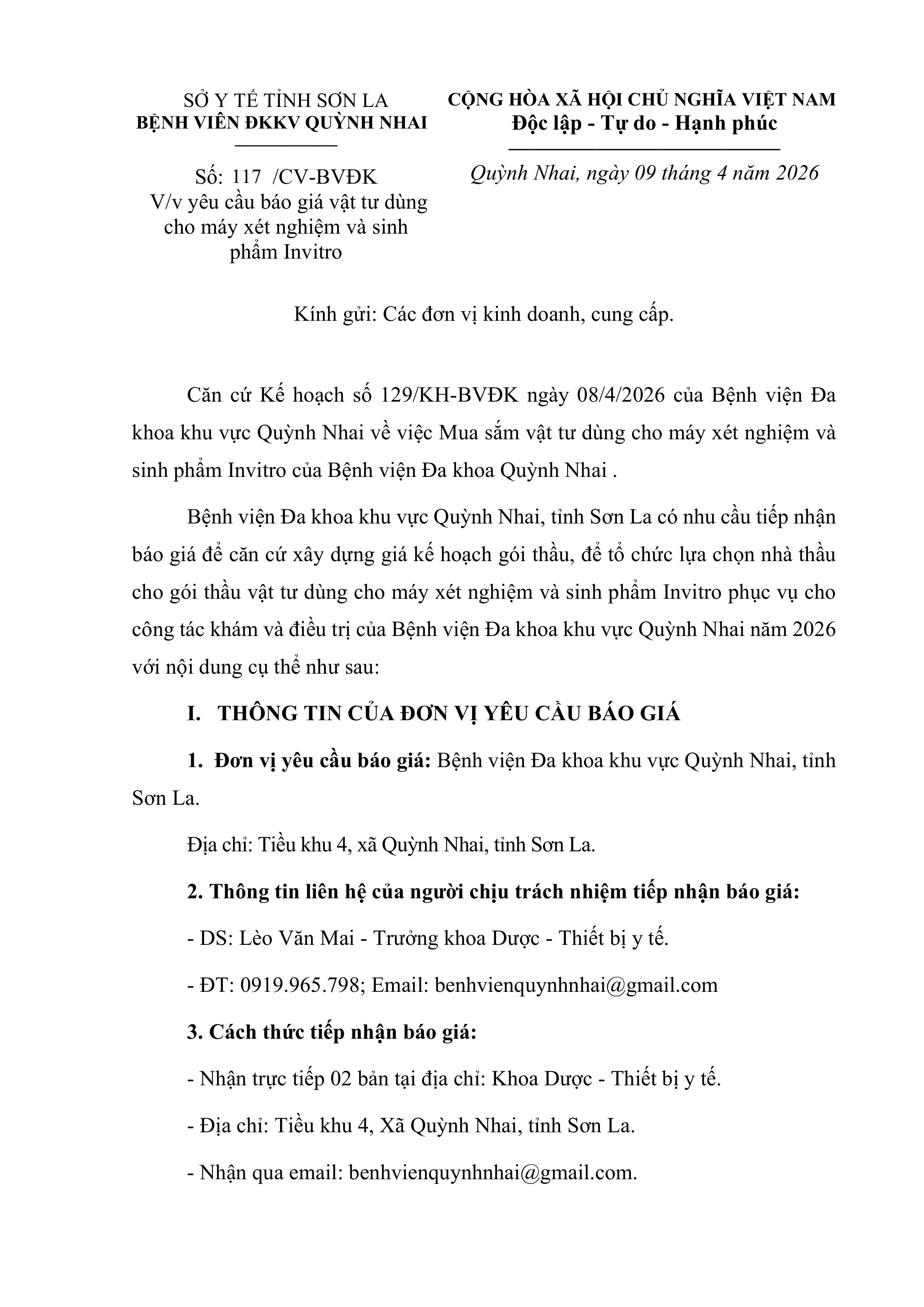 Yêu cầu báo giá vật tư dùng cho máy xét nghiệm và sinh phẩm Invitro