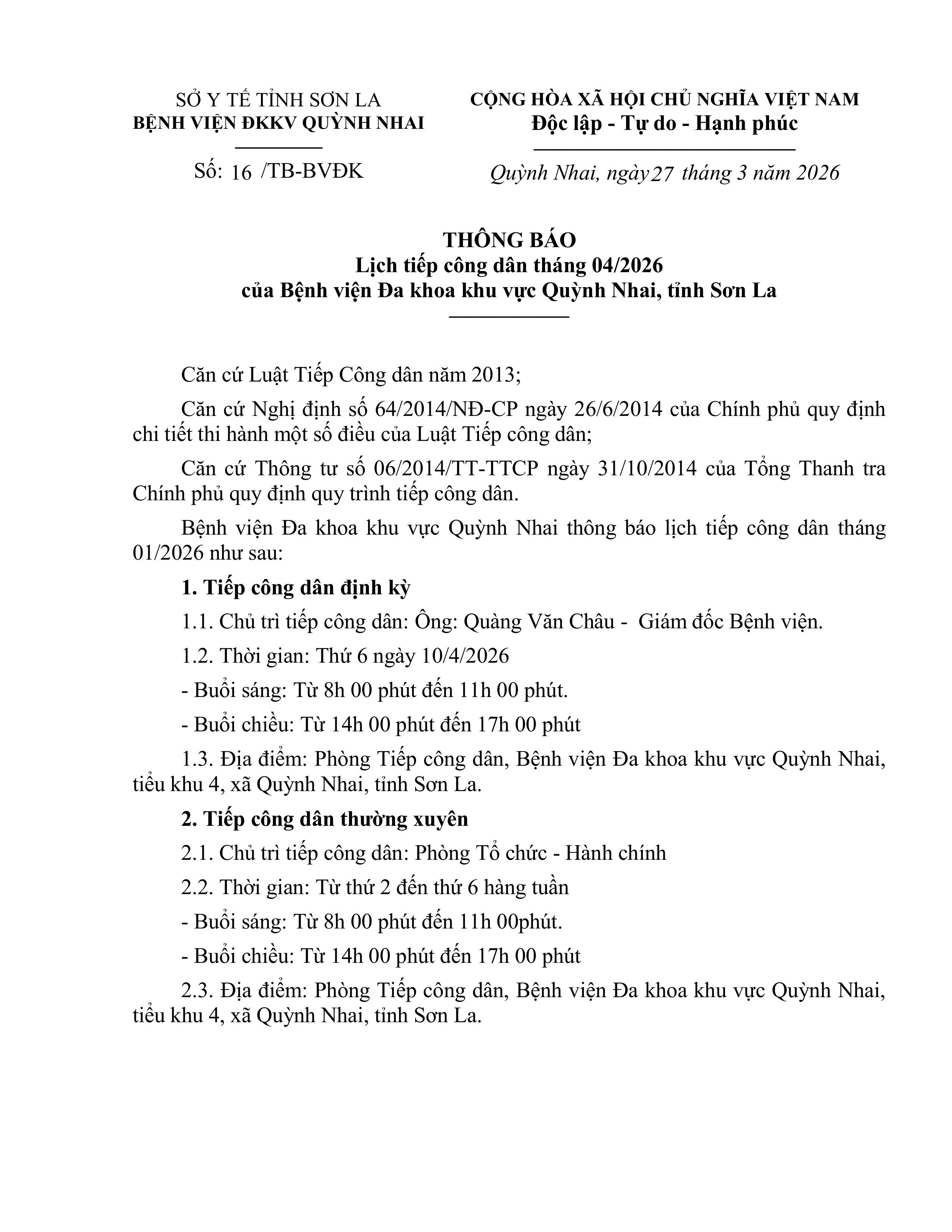 THÔNG BÁO Lịch tiếp công dân tháng 04/2026 của Bệnh viện Đa khoa khu vực Quỳnh Nhai, tỉnh Sơn La