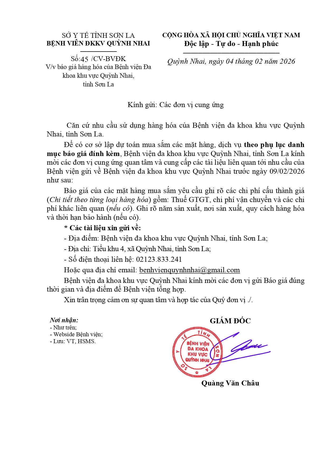  báo giá hàng hóa của Bệnh viện Đa  khoa khu vực Quỳnh Nhai ( Nước giặt. tẩy rửa)